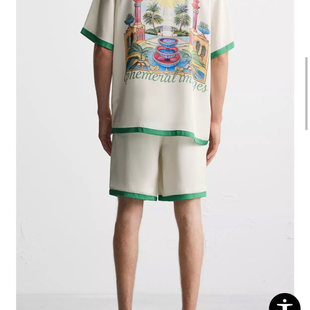 Satin shirt and shorts contrast stripe. Set- Size XL. Cream and Green color - Picture 5 of 13
